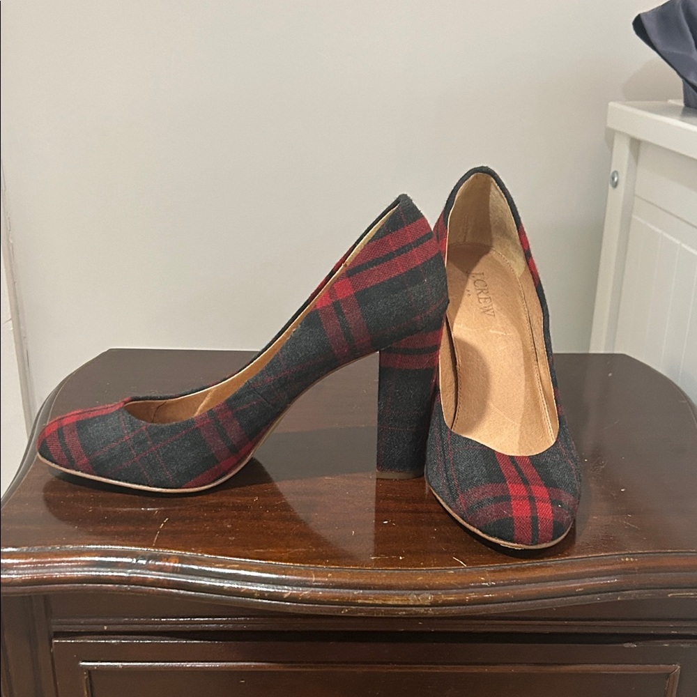 J. Crew Red and Black Plaid Heels